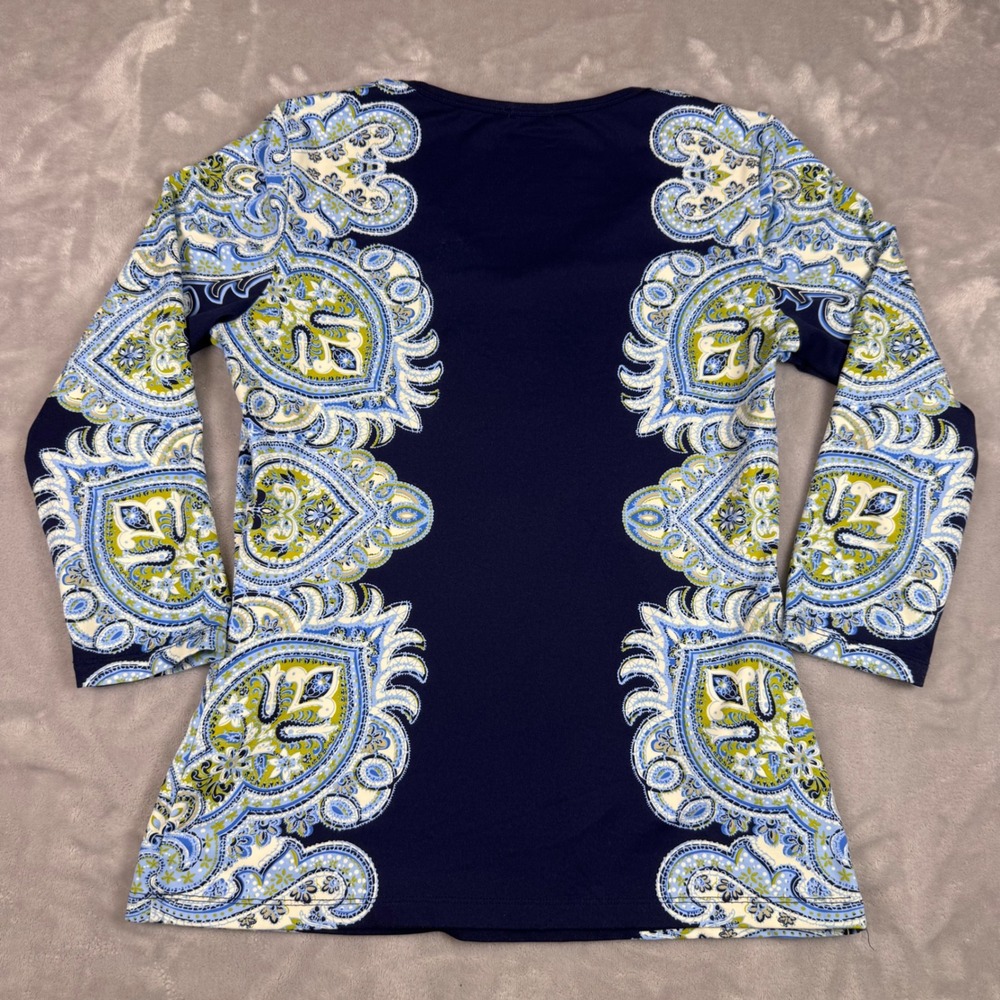 J.McLaughlin‎ Catalina Cloth Paisley V-Neck 3/4 Sleeve Top Navy Blue Green Small - Picture 7 of 7